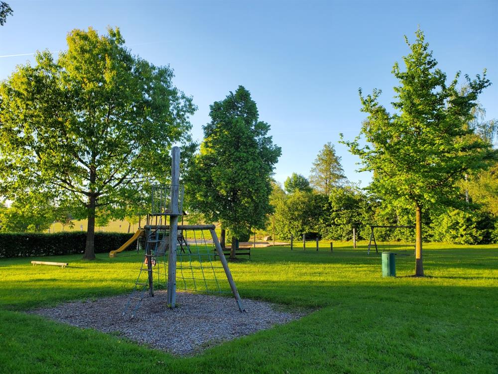 ein Spielplatz mit Bäumen und Gras